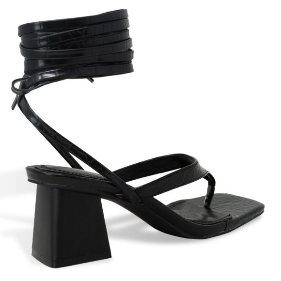Women’s Square Open Toe Wrap Tie Block Heeled Sandals - Picture 3 of 4